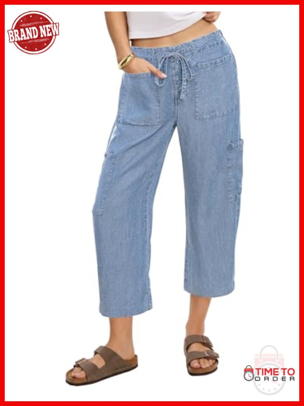 Barrel Jeans High Rise Wide Leg Pull On Elastic Waist Drawstring Denim Pants